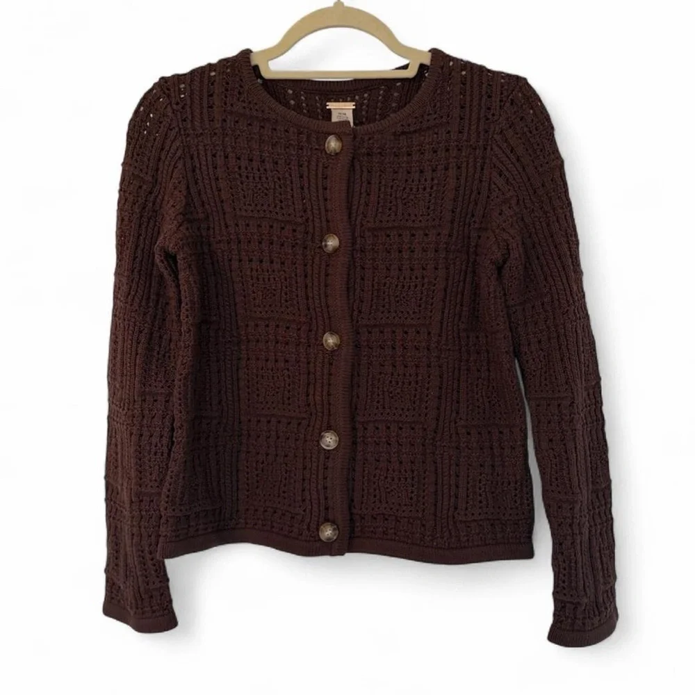 Magaschoni Pointelle Crochet Cardigan Chocolate Brown S NWT - Picture 3 of 7
